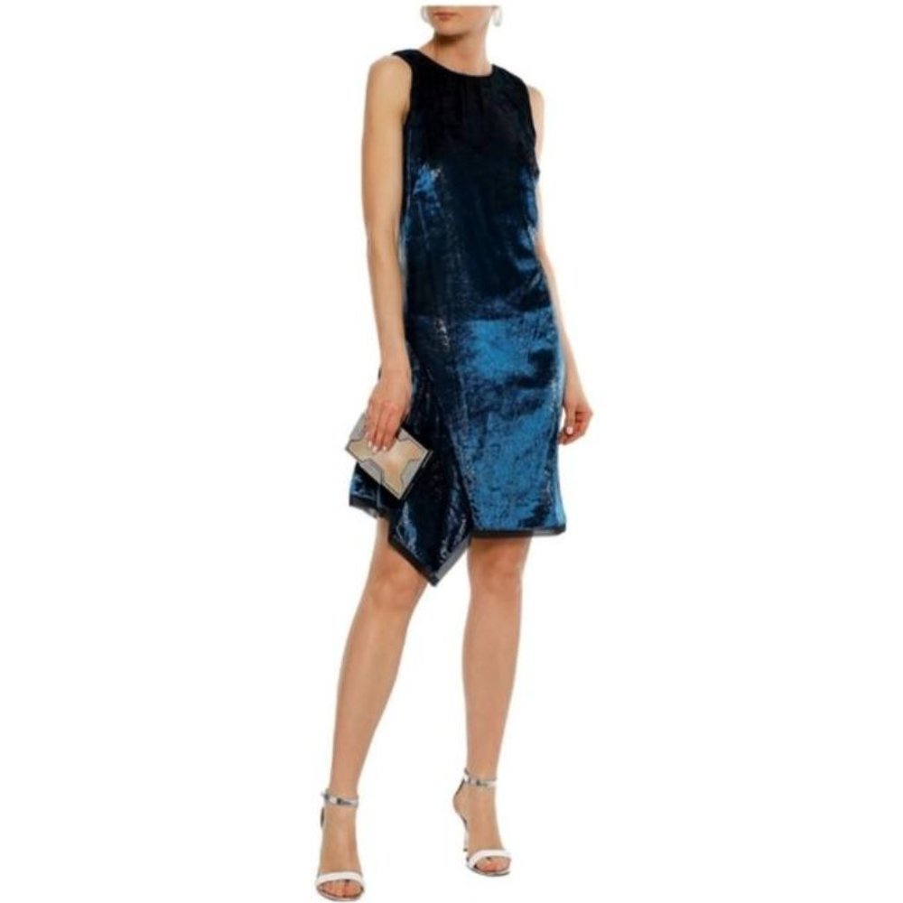 Elie Tahari Blue Metallic Velvet Asymmetric Sleeveless Dress M
